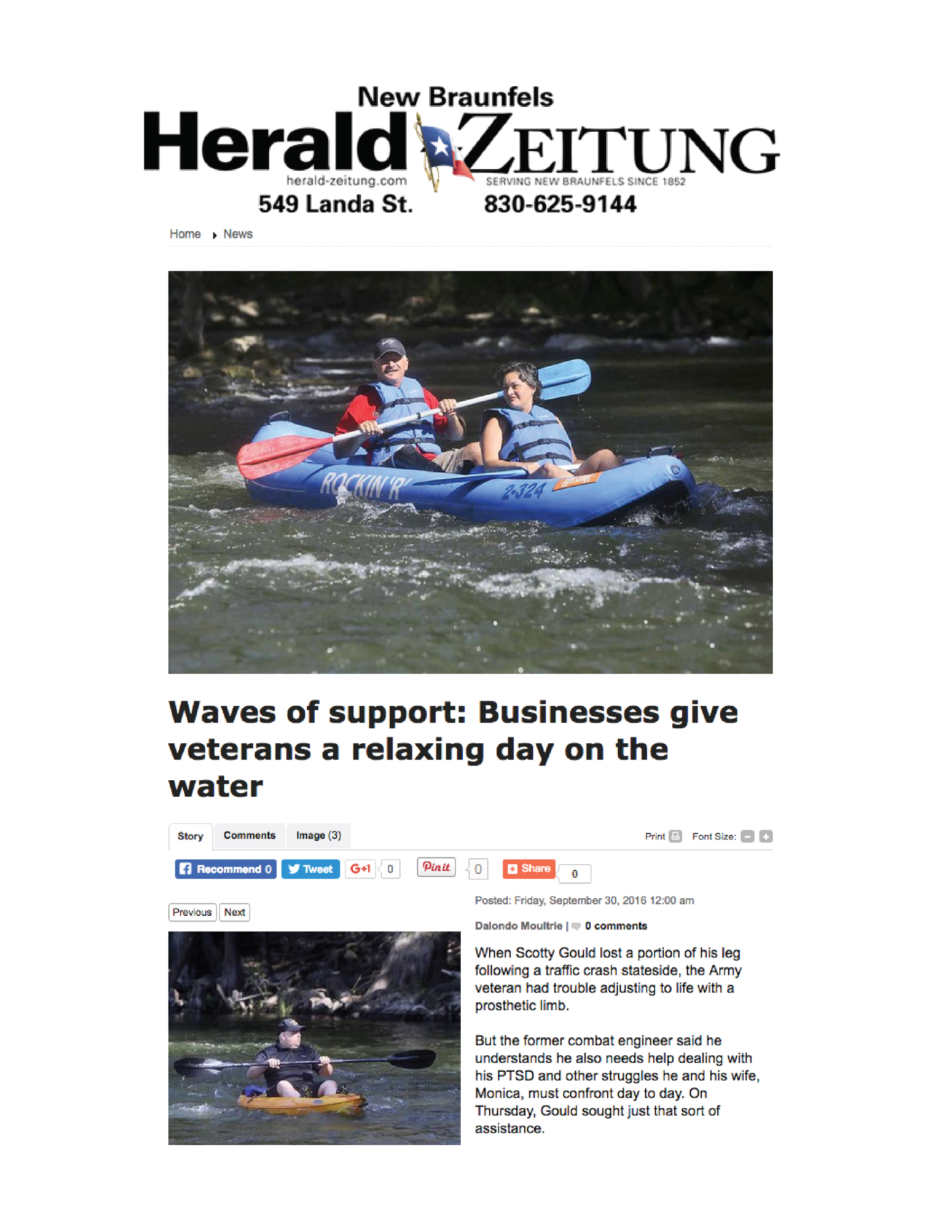 A newspaper article about local business supporting area veterans